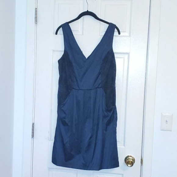 Navy Short Dress With Black Lace Panels - Picture 1 of 8